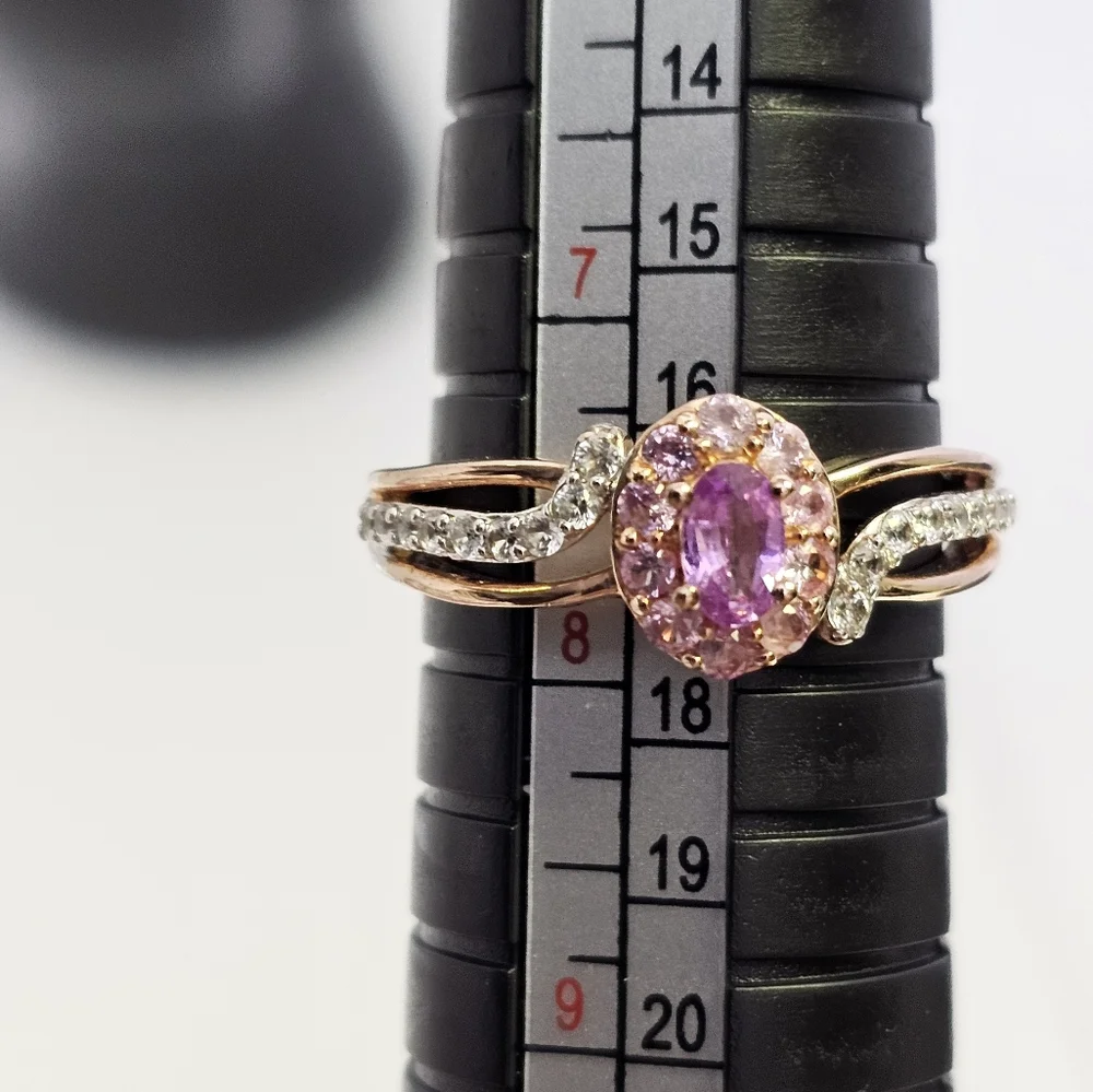 Natural Pink Sapphire & White Zircon Halo Ring in 14k Rose Gold/925 Size 7.5! - Picture 8 of 9